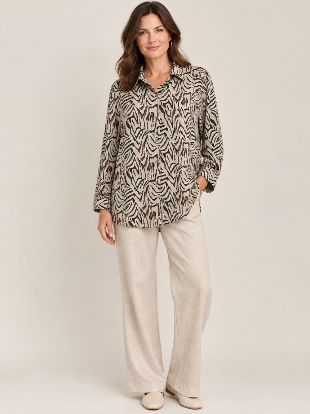 INTRO ❤️Womens Tan Black Zebra Print Long Sleeve Button Front Shirt Tunis Medium